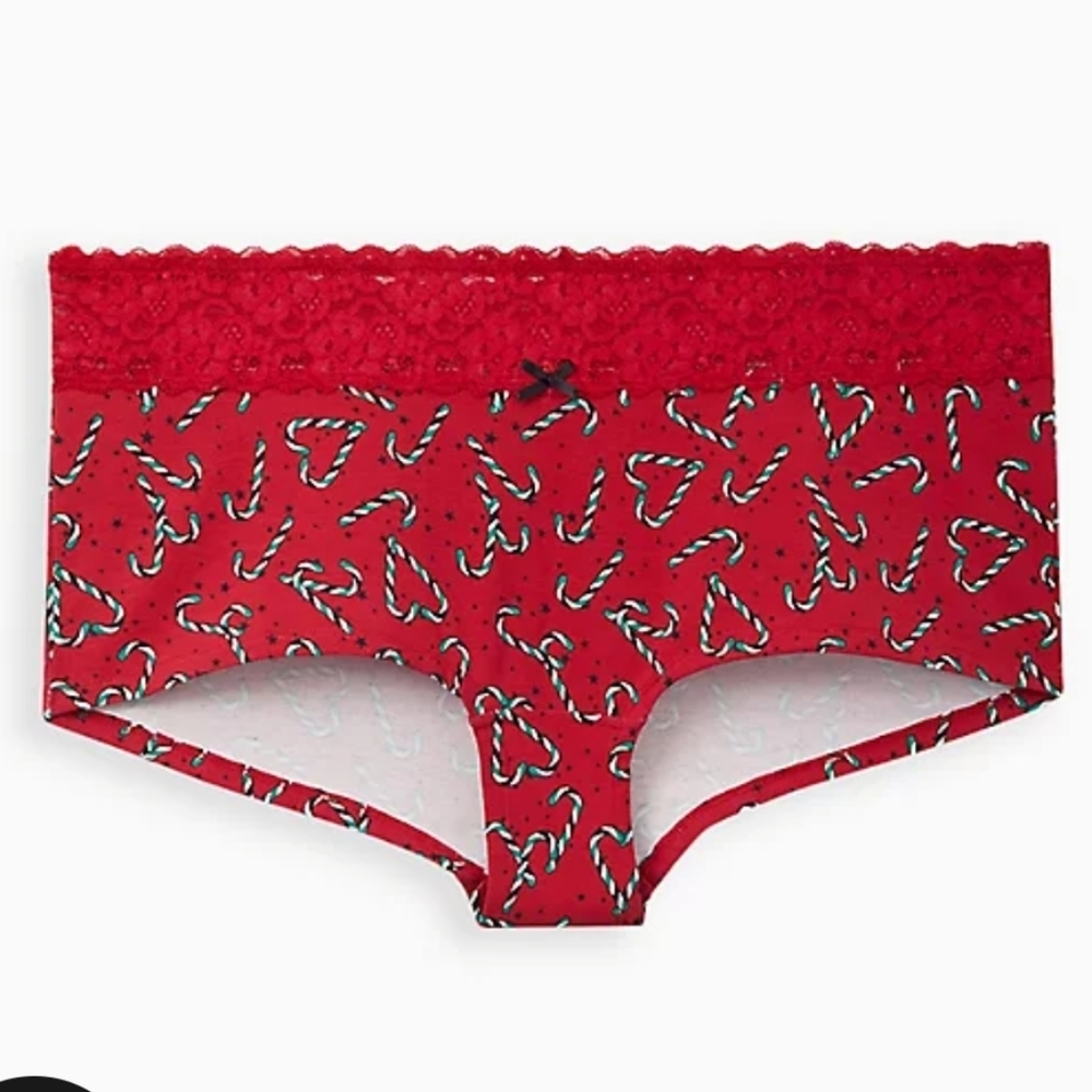 🆕🎄CANDY CANE WIDE LACE TRIMMED BOYSHORT PANTY - RED🎄